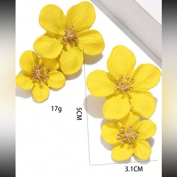 Yellow Double Flower with Gold Center, Boho, Dangle Vacation, Beach Earrings - Picture 5 of 5